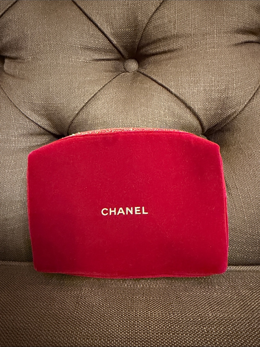 CHANEL Red Velvet Makeup Pouch with Gold Logo